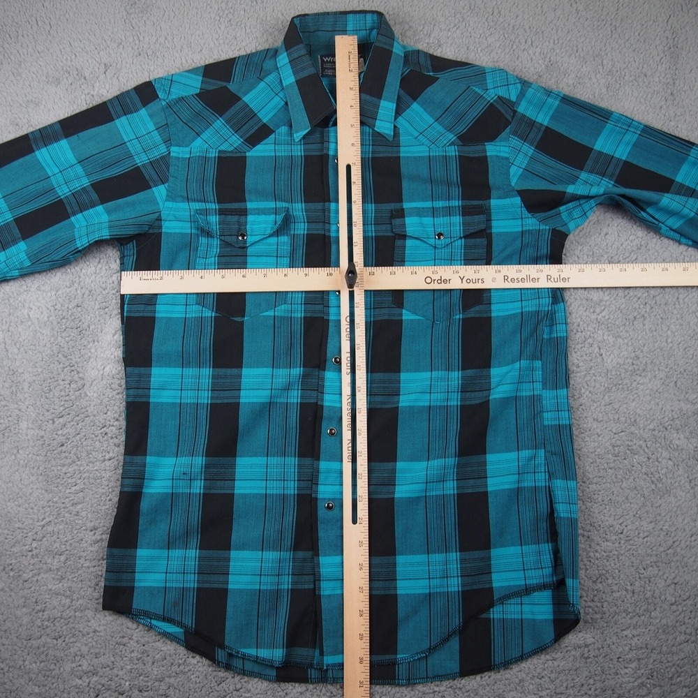 Vintage Wrangler Shirt X-Long Tails Sz L 16-33 Pearl Snap Cowboy Cut Turquoise - Picture 6 of 9